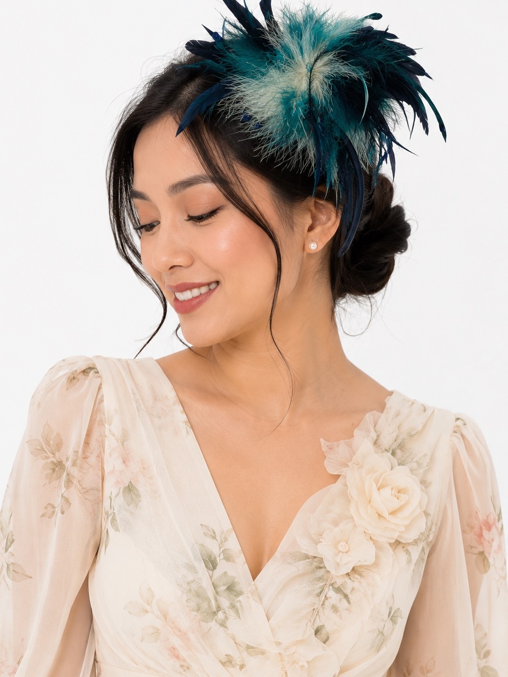 Bellissima Collection Navy Teal Ivory Feather Fascinator Headband